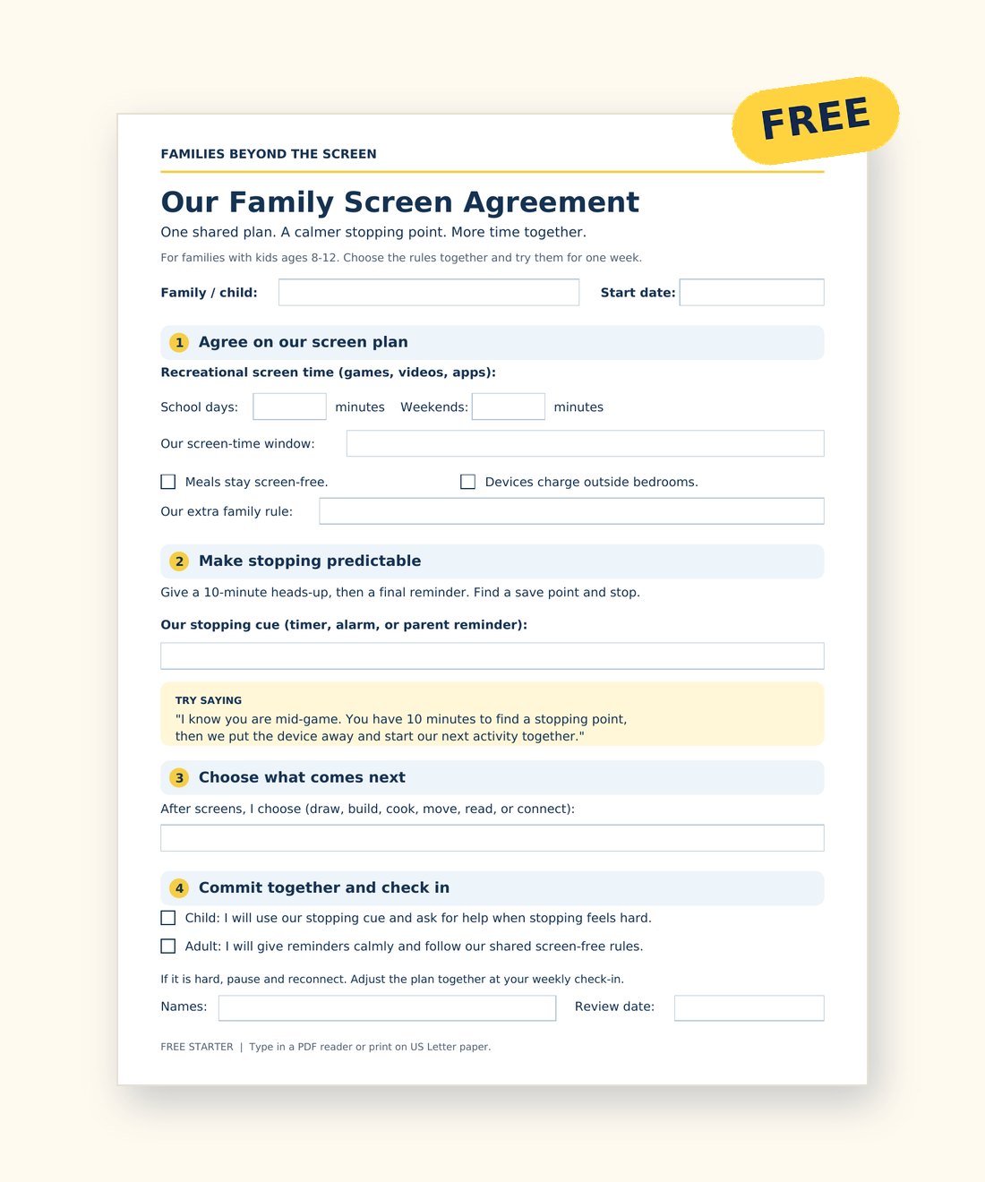 The free one-page Our Family Screen Agreement printable