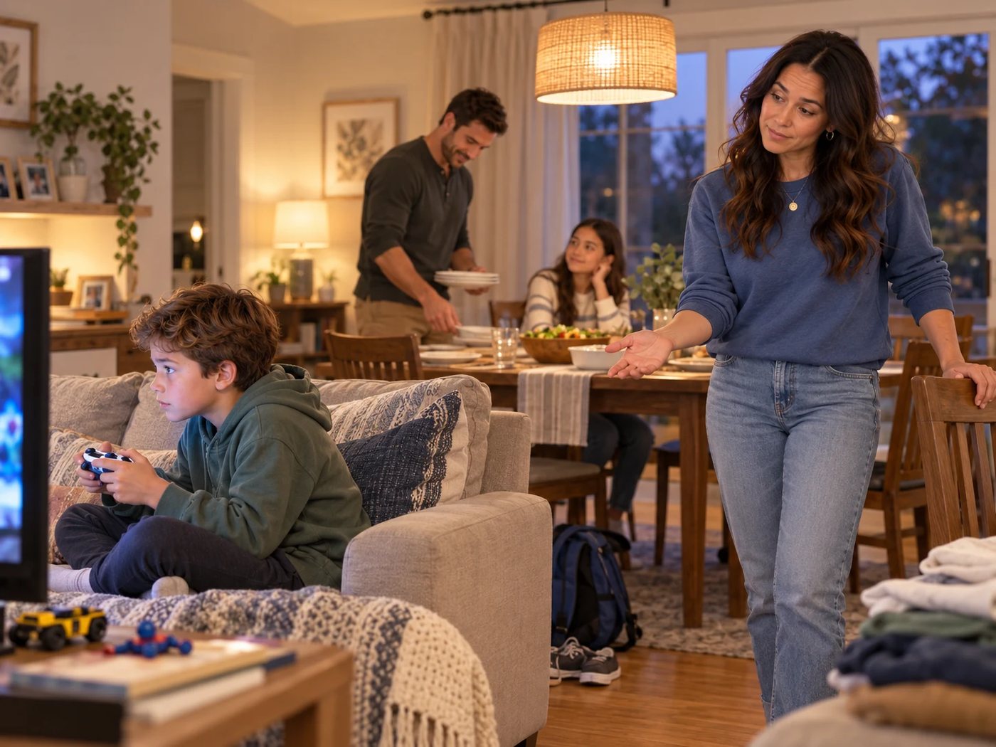 A boy keeps playing a video game on the couch while his mom calls him to dinner