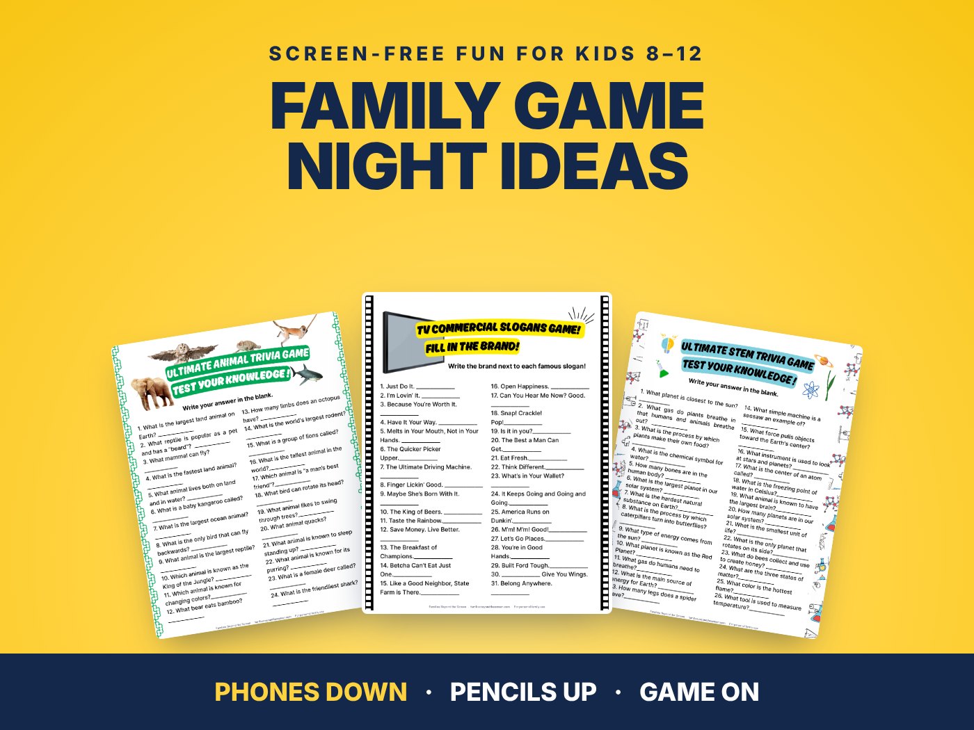 Printable family game night trivia games for kids on a yellow background